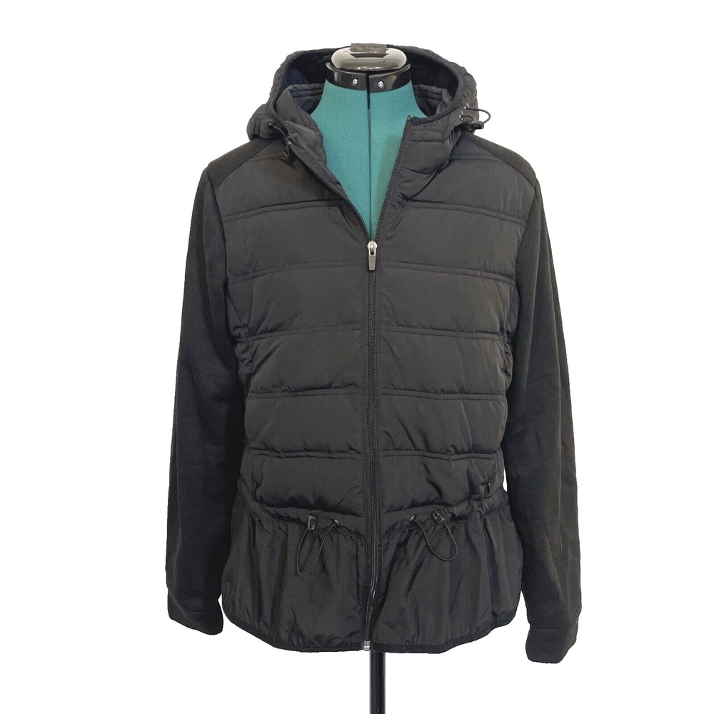 BCBGMAXAZRIA‎ Hybrid Puffer Jacket Hooded Peplum Sz Large Black Quilted Sporty